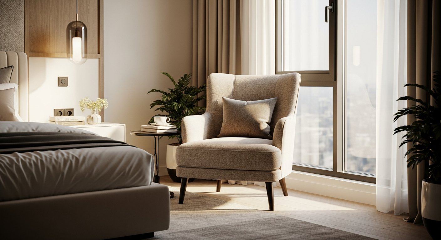 Poltrona para quarto posicionada próxima à janela aproveitando luz natural