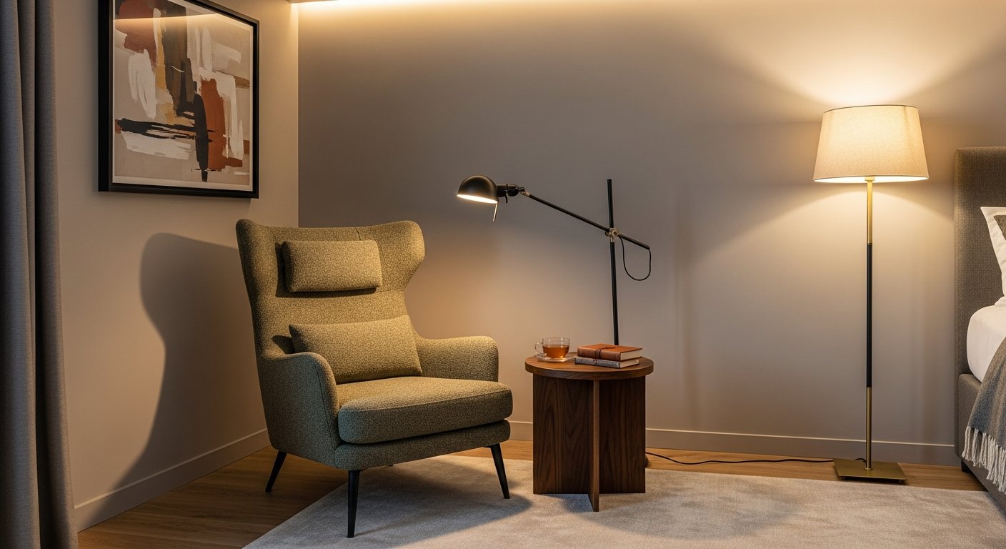Poltrona canto quarto com mesa lateral e luminária de apoio