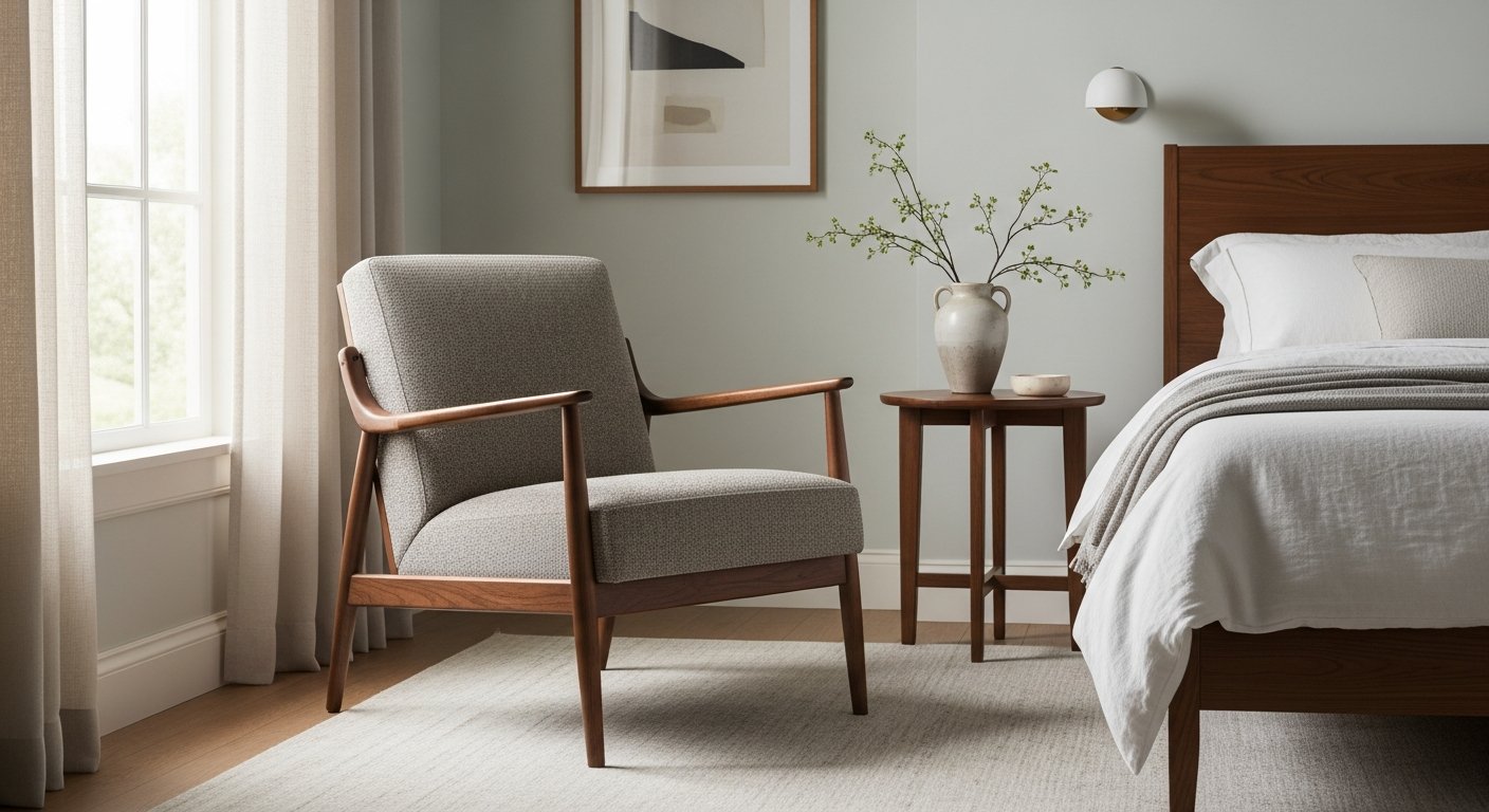 Poltrona para quarto estilo mid-century em ambiente sofisticado