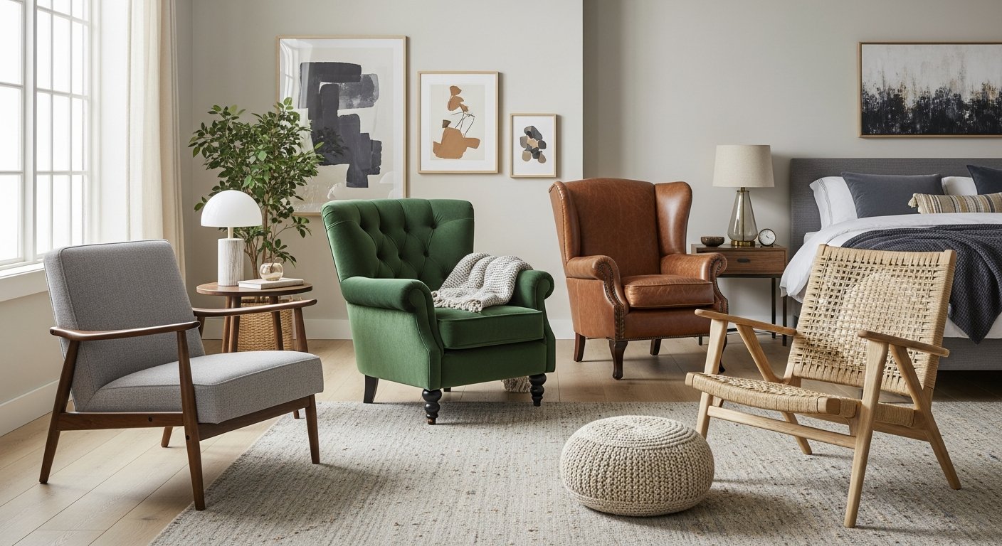 Diferentes estilos de poltrona para quarto com acabamentos variados