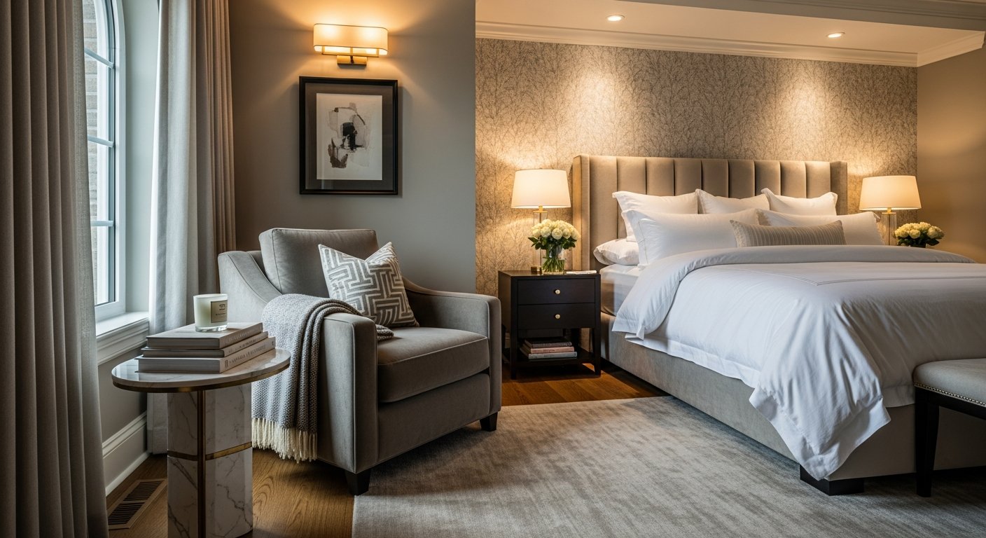 Poltrona para quarto perfeitamente integrada ao ambiente decorado