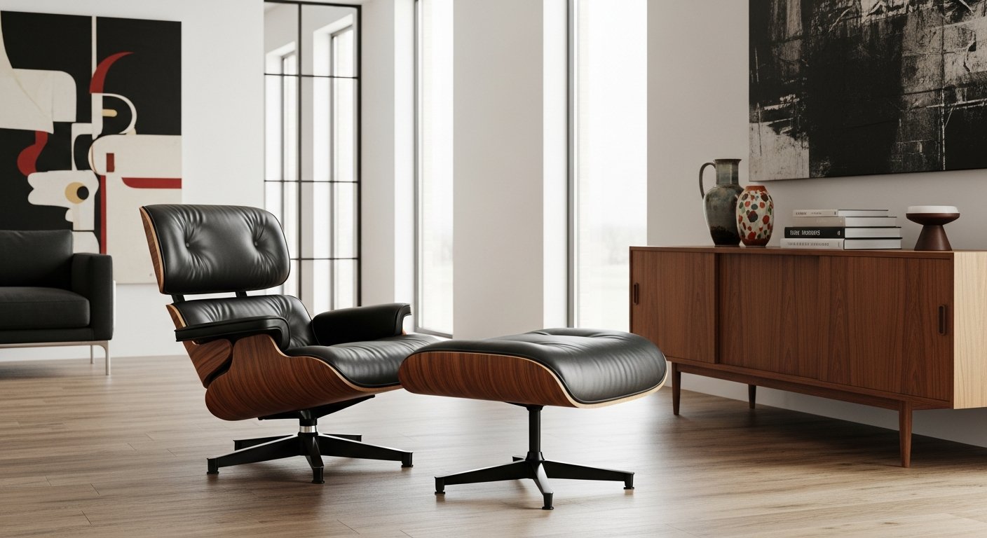 Poltrona Charles Eames com puff em ambiente moderno