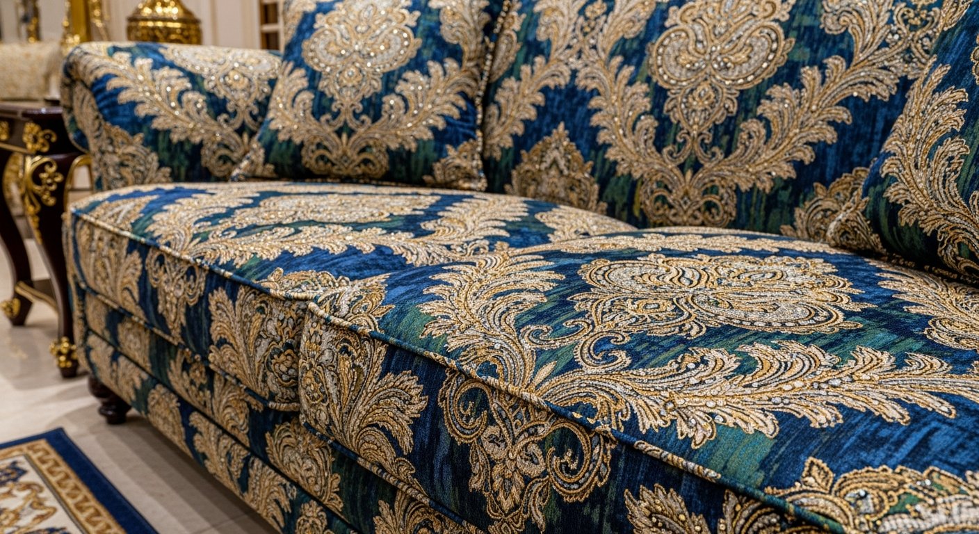 Sofá revestido com jacquard bordado da coleção Mannes