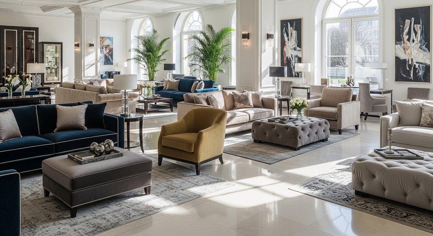 Showroom com móveis estofados em diferentes tecidos da coleção