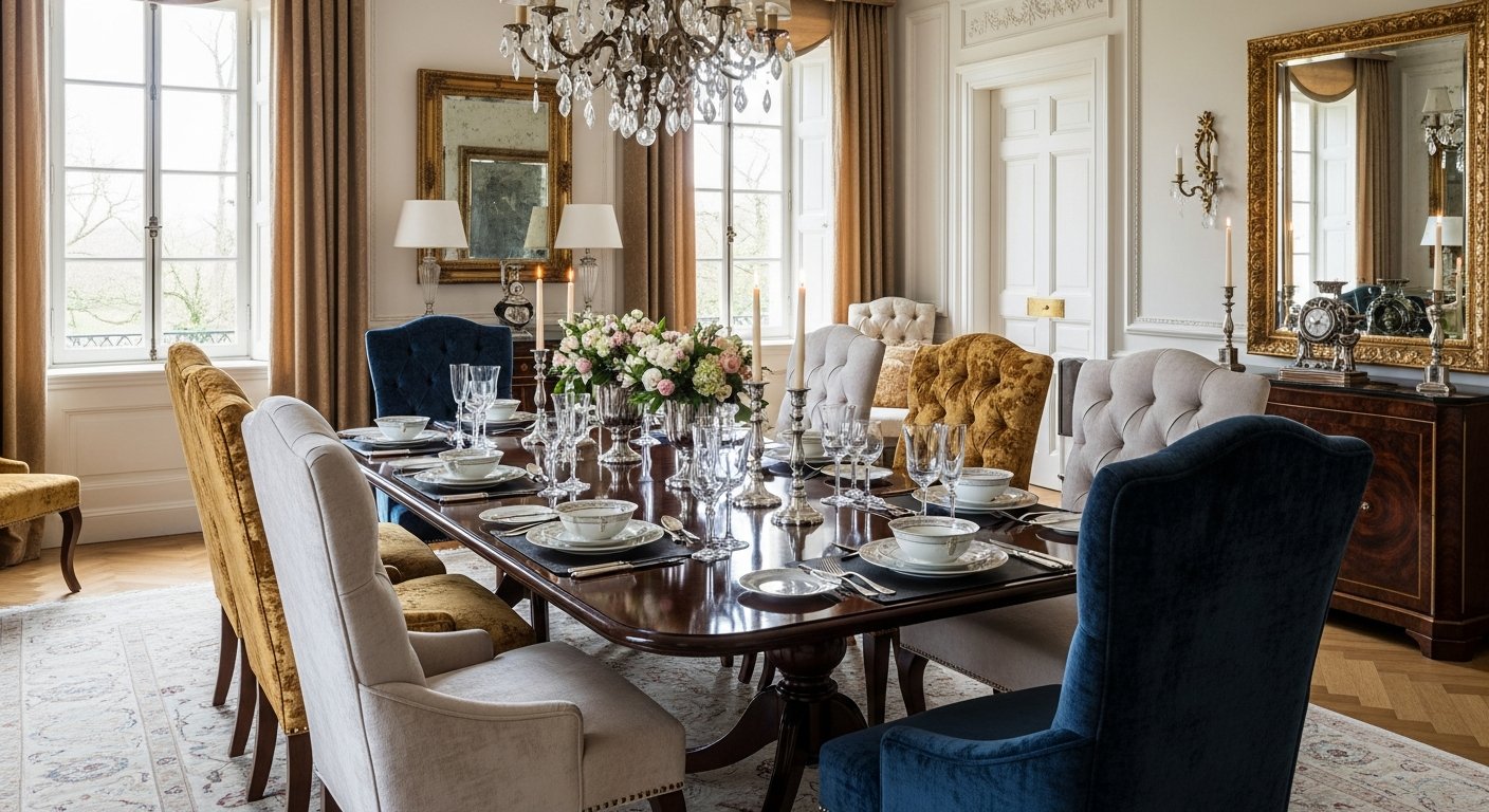 Sala de jantar com cadeiras estofadas em tecidos premium