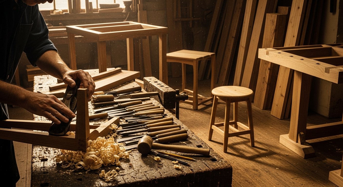 Oficina de marcenaria artesanal com móveis sendo produzidos