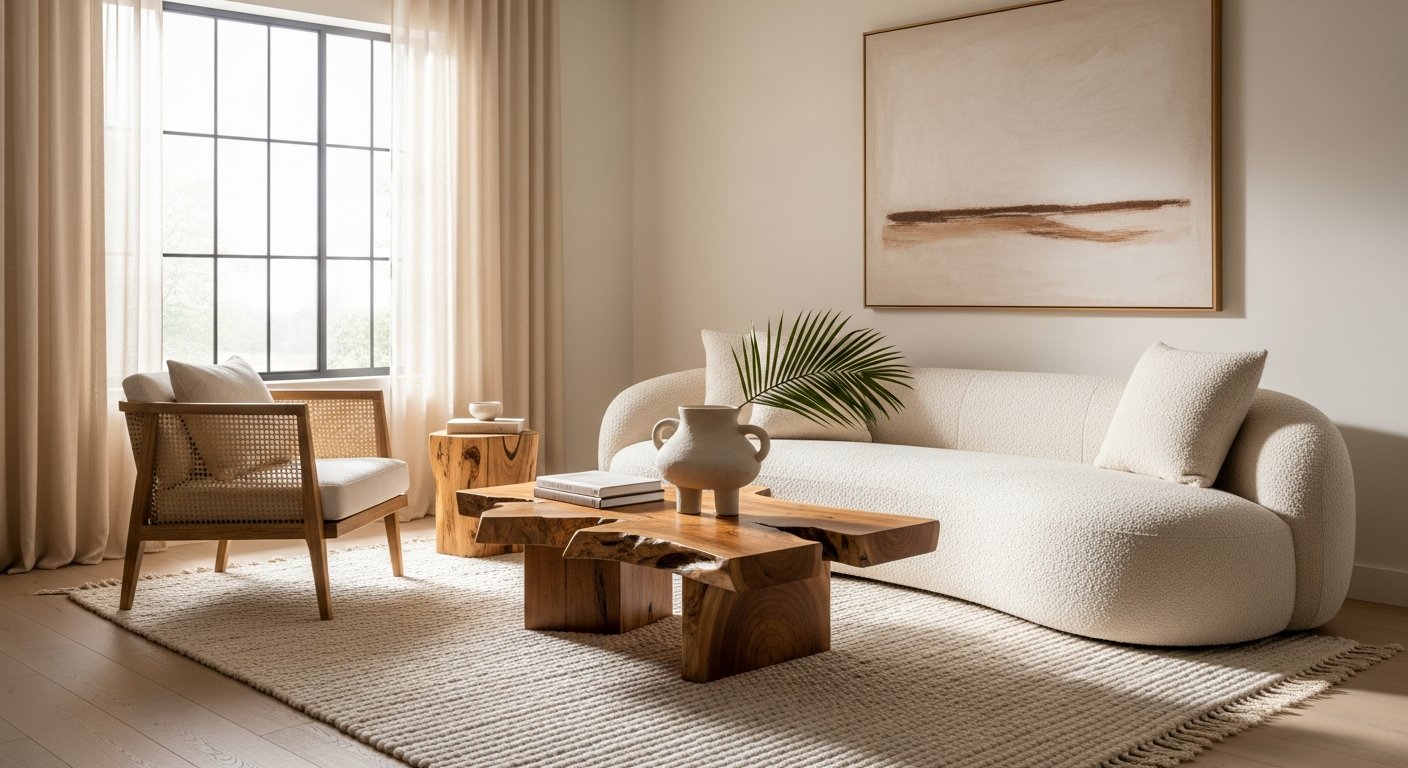 Sala moderna com móveis orgânicos e texturas naturais