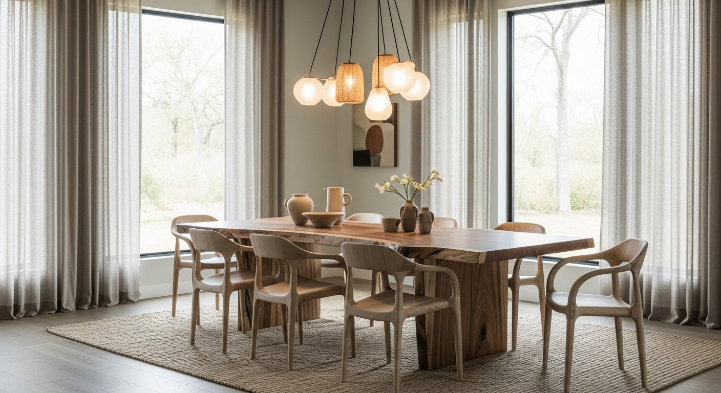 Sala de jantar contemporânea com móveis de design orgânico
