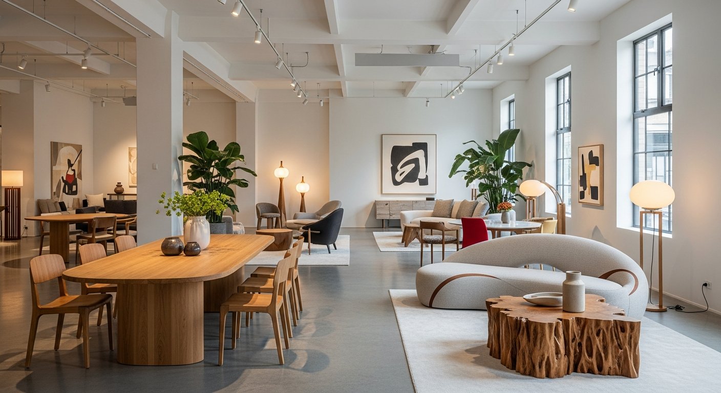 Showroom moderno exibindo peças de design orgânico