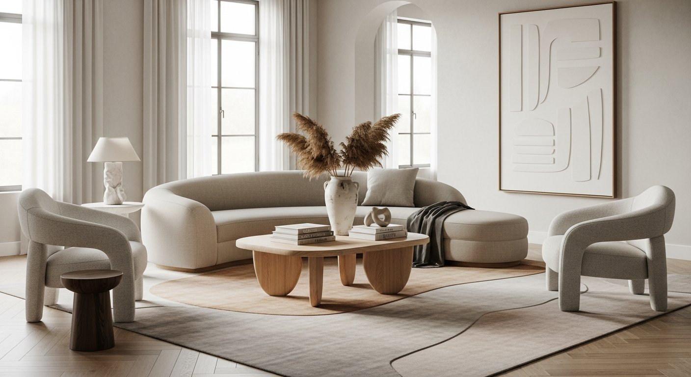 Sala elegante com móveis orgânicos e decoração contemporânea