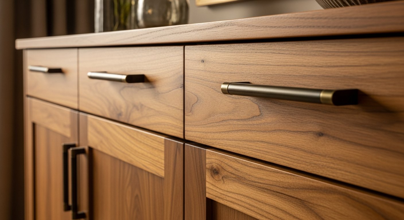 Detalhes de acabamento em aparador buffet de madeira