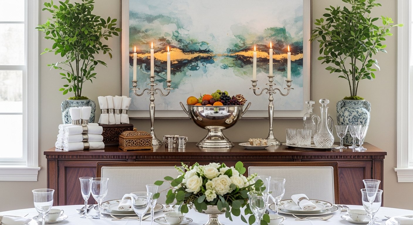 Aparador buffet decorado com objetos e arte