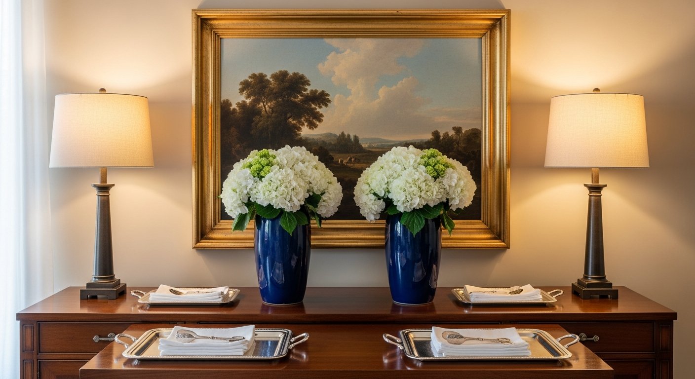 Composição simétrica em aparador buffet com objetos decorativos