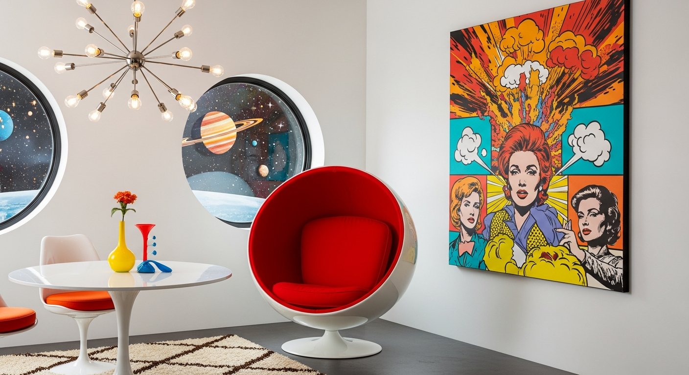 Poltrona ball em interior dos anos 60 com elementos pop art
