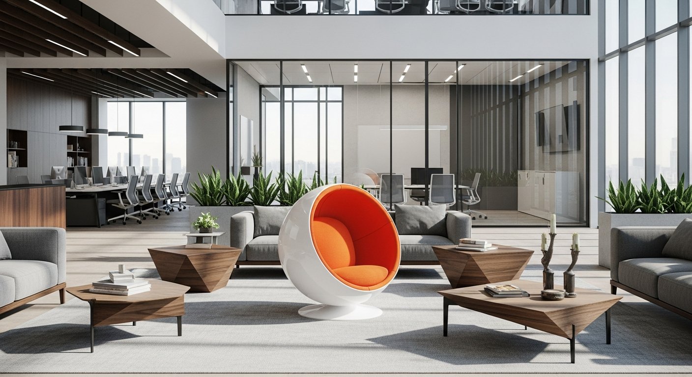 Ball Chair em escritório corporativo moderno como ponto focal