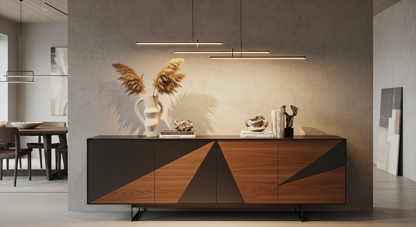 Buffet contemporâneo com design geométrico e materiais mistos
