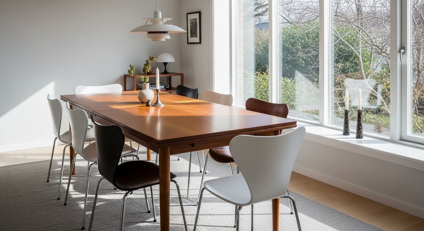 Sala de jantar moderna com cadeira Series 7 de Arne Jacobsen