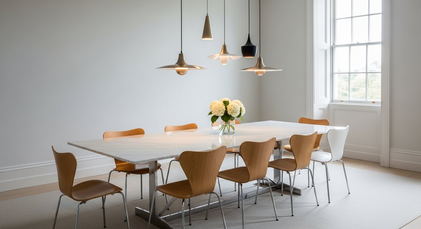 Mesa de jantar elegante com cadeiras Series 7 e luminária pendente