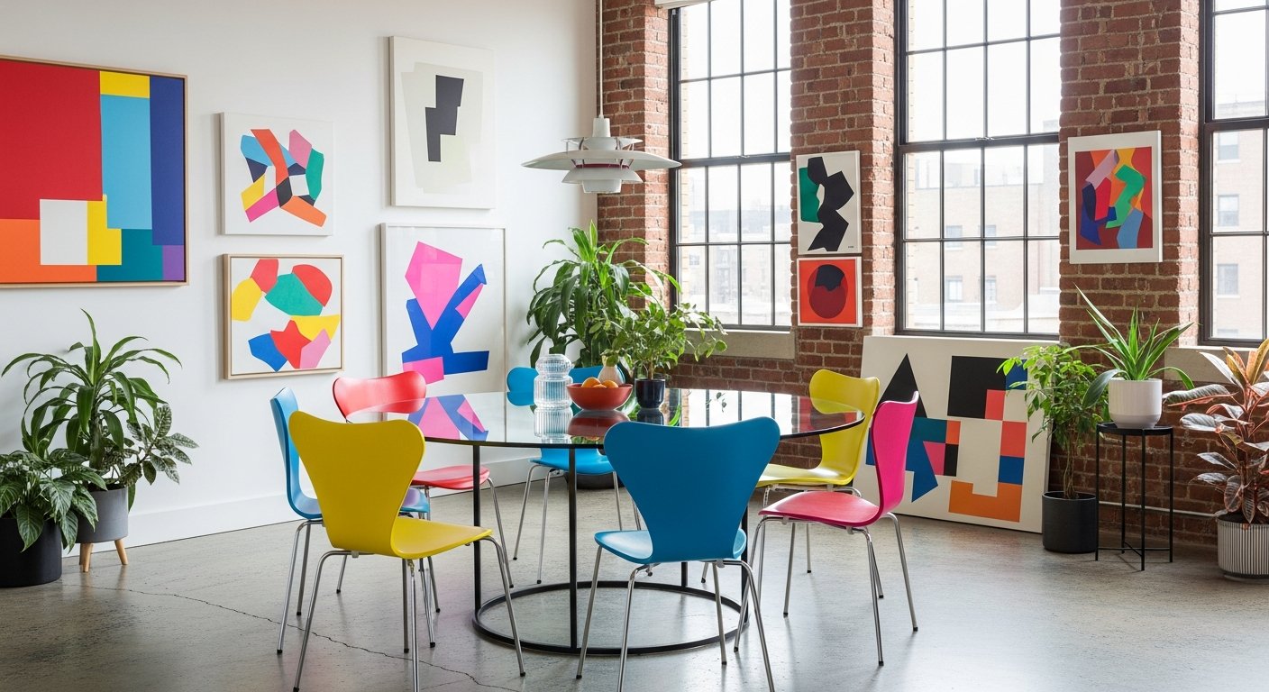 Ambiente contemporâneo com cadeiras Series 7 coloridas ao redor de mesa de vidro