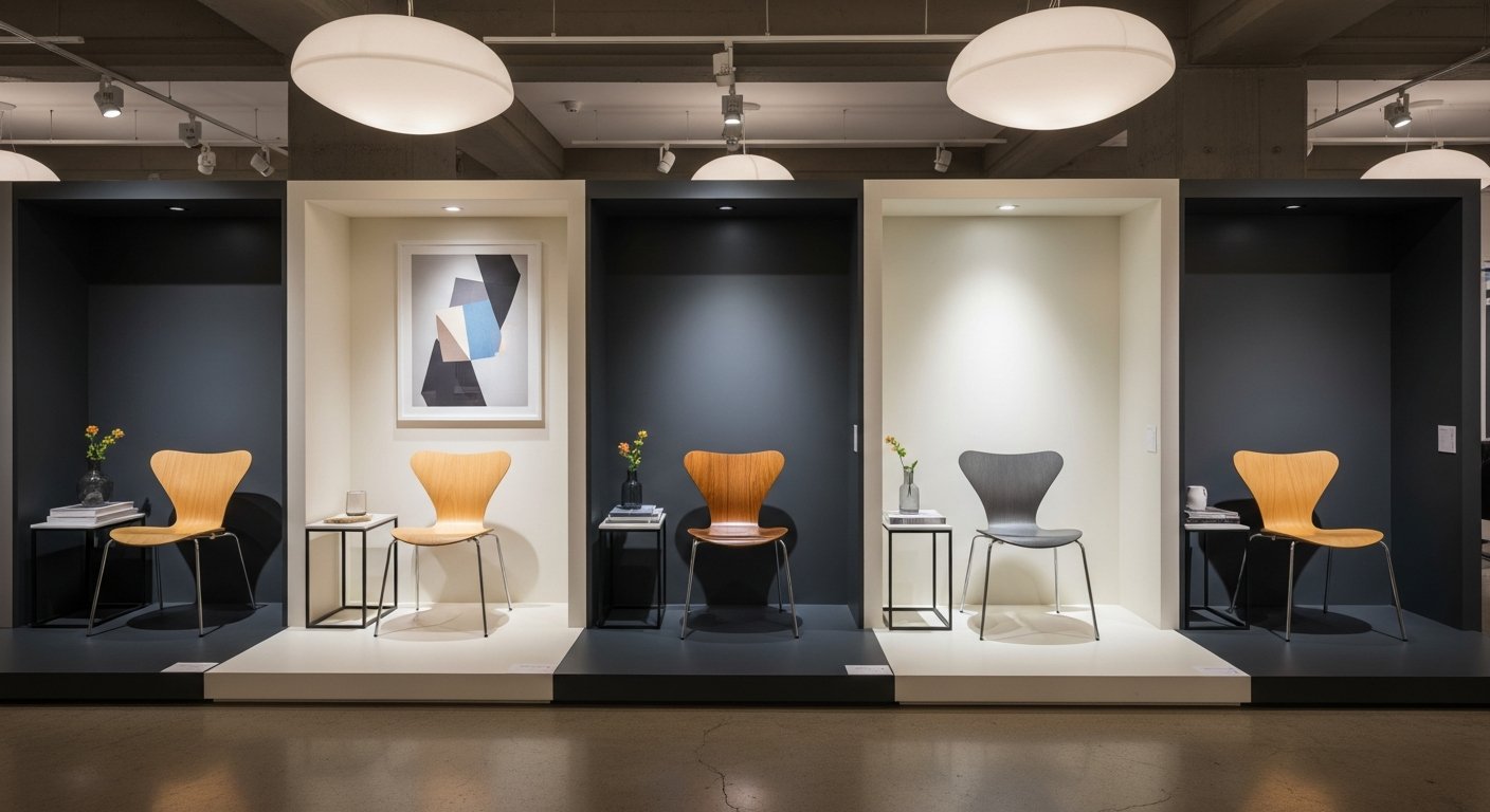 Exposição de reproduções de alta qualidade da cadeira Series 7