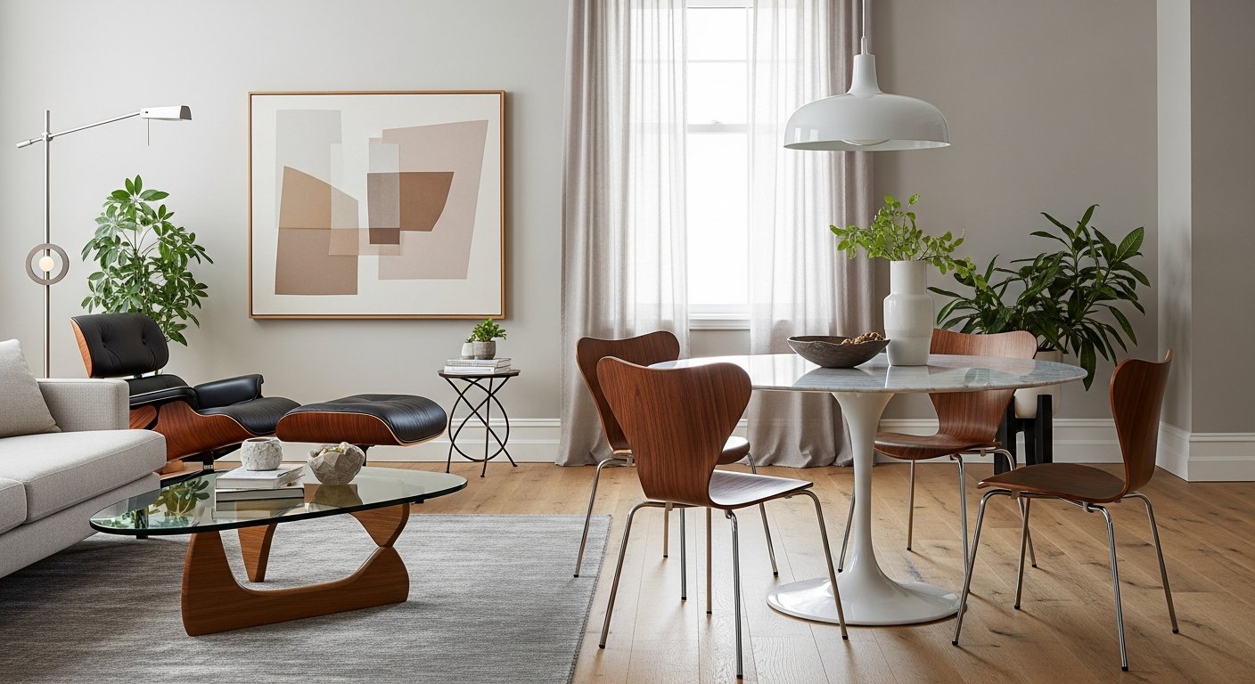 Composição elegante com cadeiras Series 7 integradas a outras peças clássicas