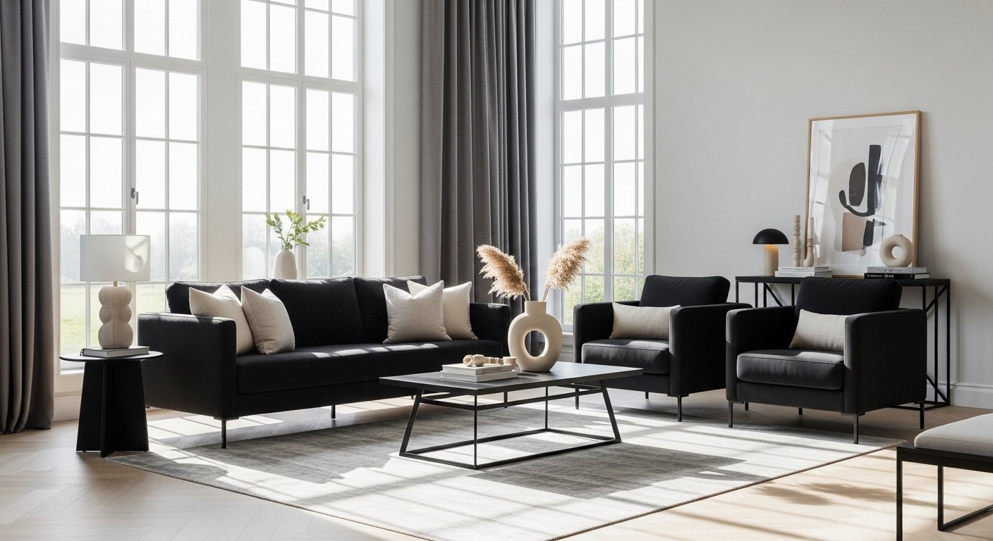Sala moderna com mesa preta de design elegante