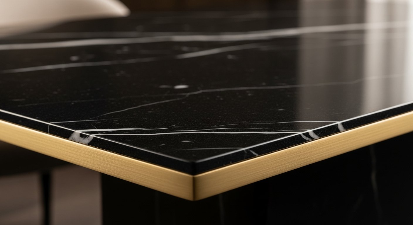Detalhe de mesa preta mostrando acabamento premium