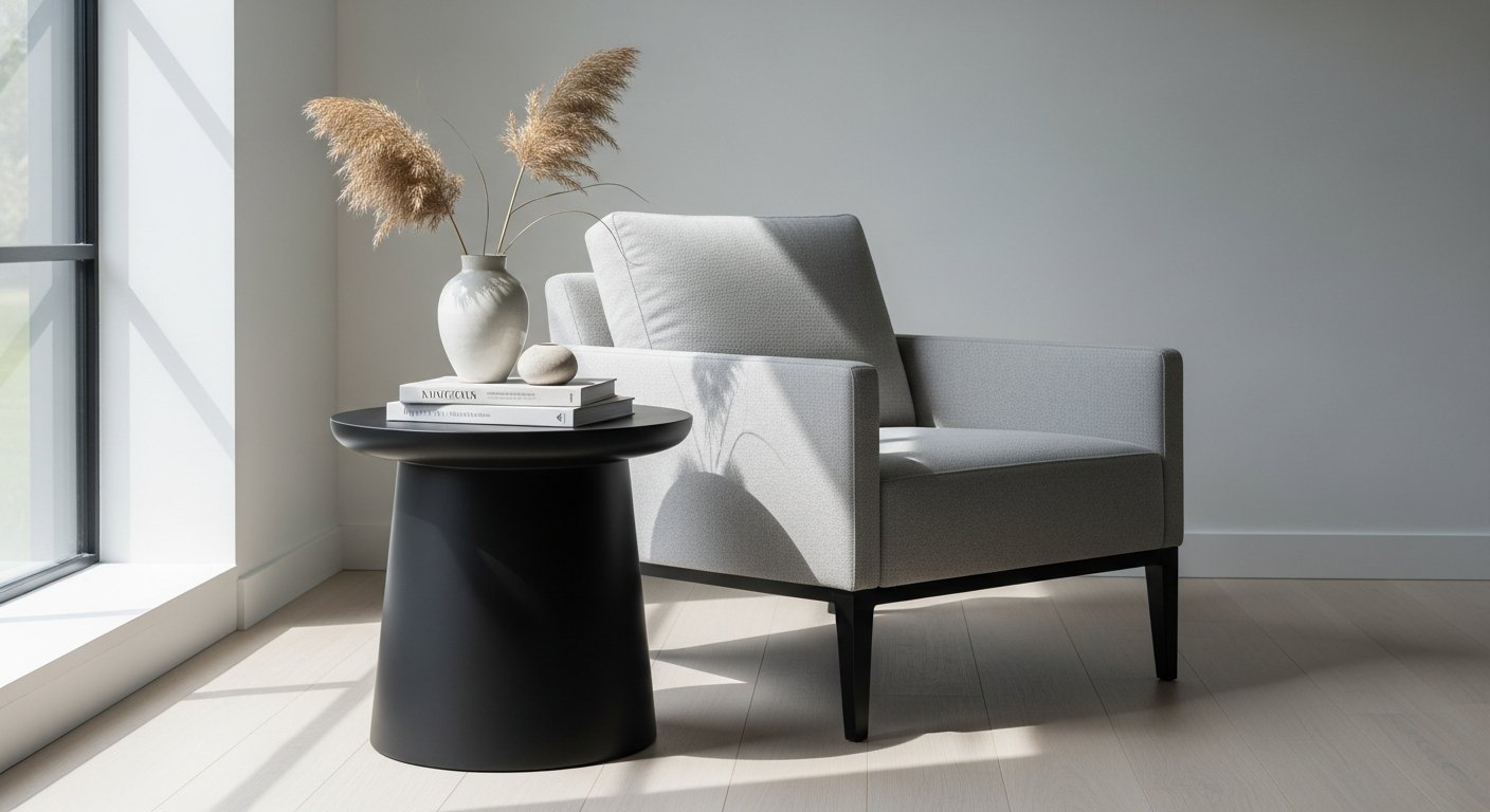 Mesa lateral preta ao lado de poltrona de design
