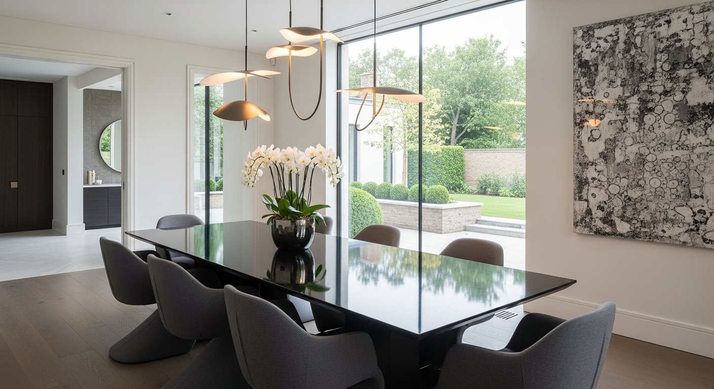 Sala de jantar com mesa preta e decoração elegante
