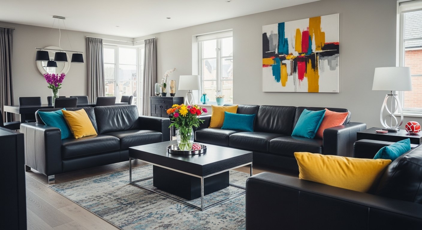 Ambiente com mesa preta e acentos coloridos