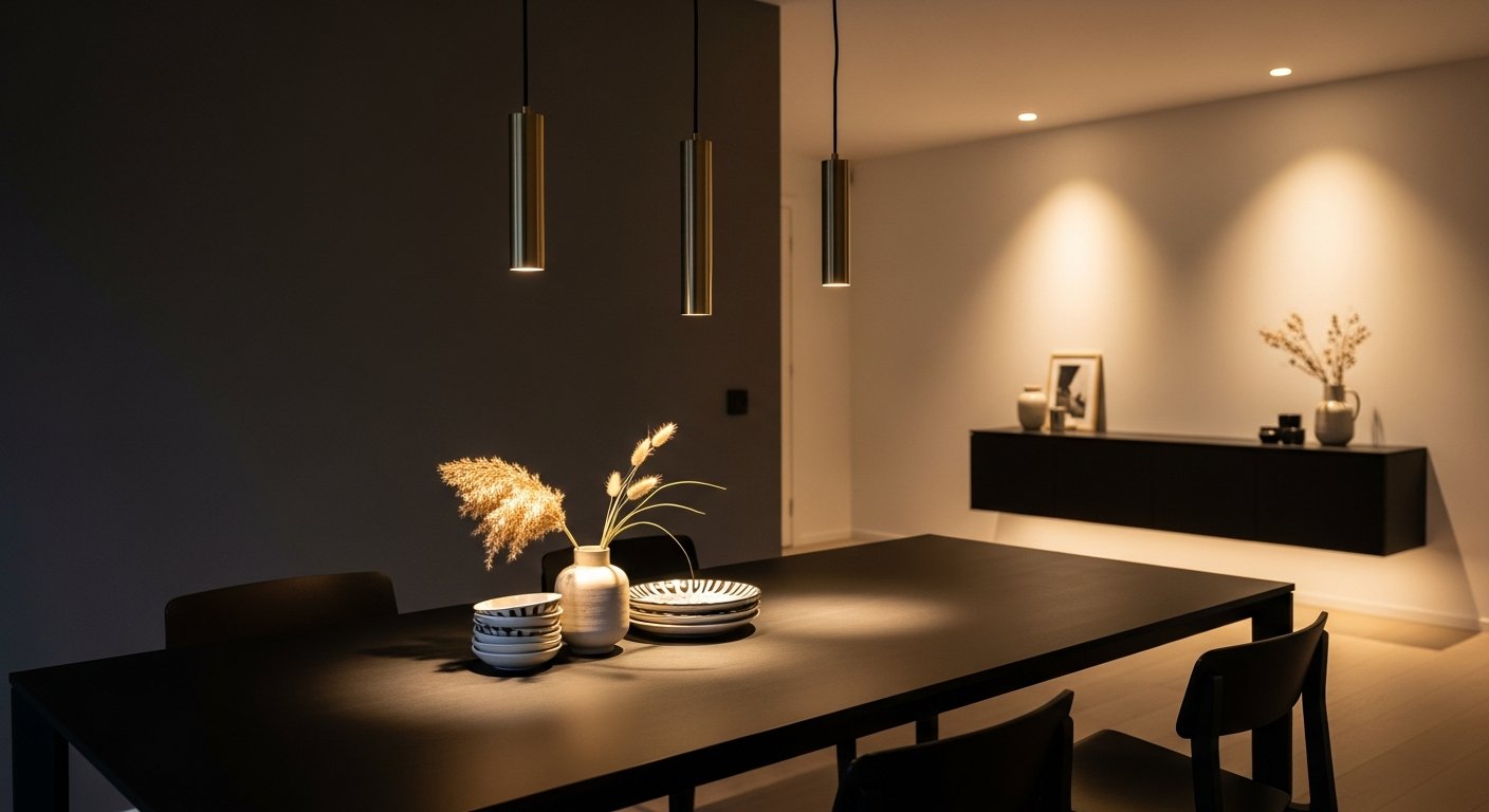 Mesa preta sob iluminação pendente criando atmosfera acolhedora