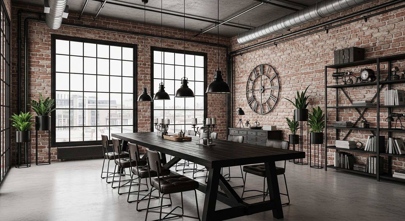 Ambiente industrial com mesa preta e elementos urbanos