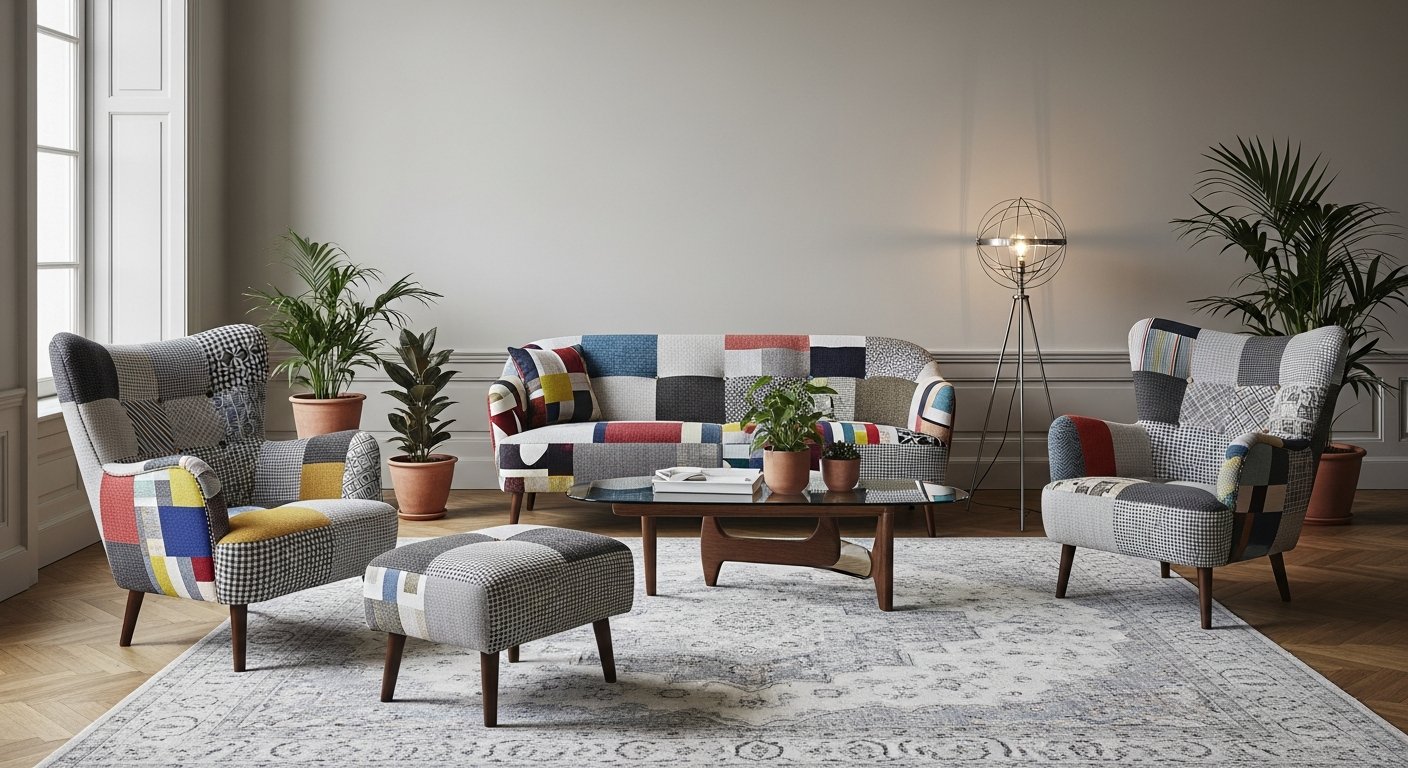 Móveis patchwork em ambiente contemporâneo com decoração sofisticada