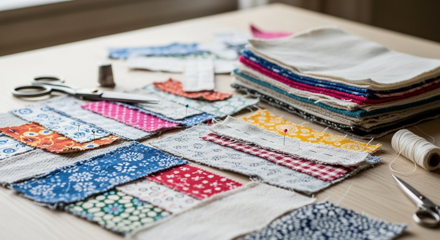Processo sustentável de criação de tecidos patchwork com retalhos coloridos
