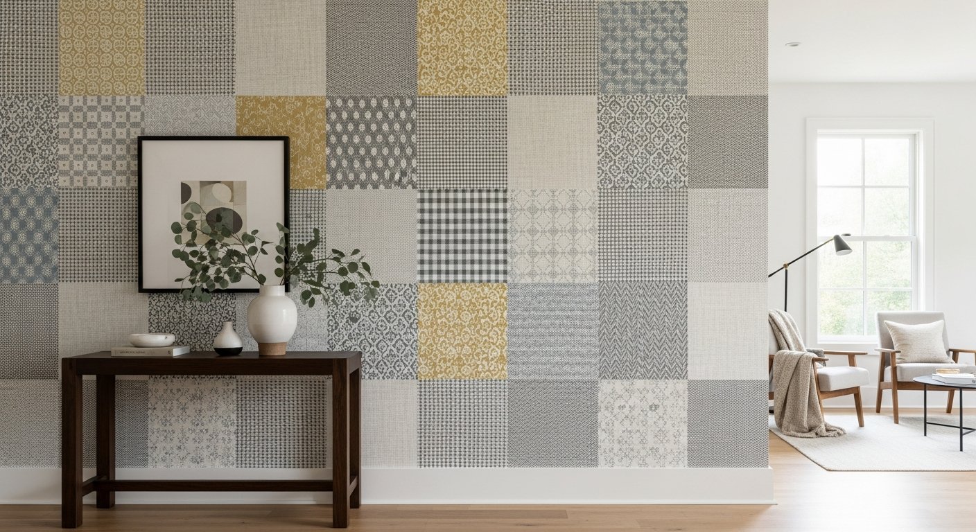 Parede revestida com patchwork em ambiente moderno e sofisticado