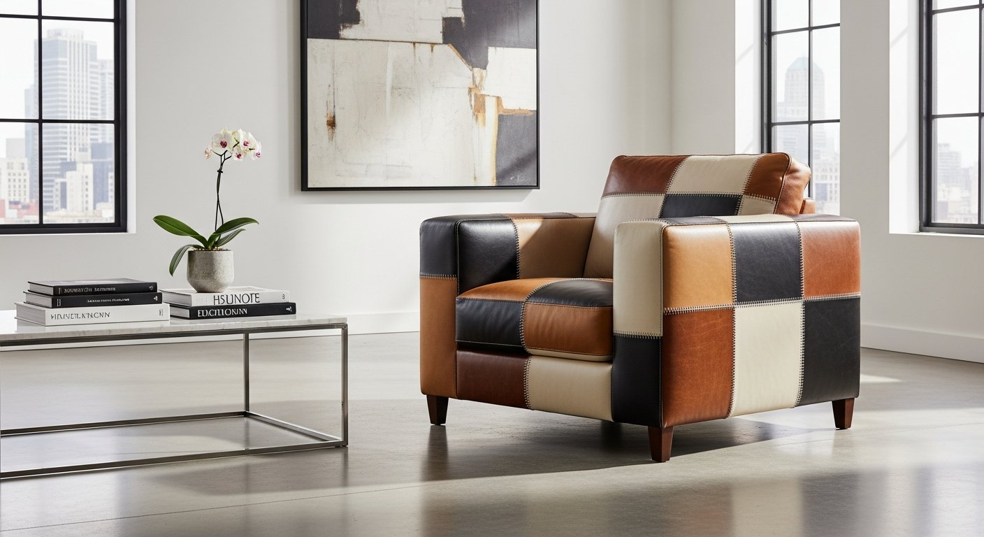 Móvel patchwork em couro premium com acabamento luxuoso