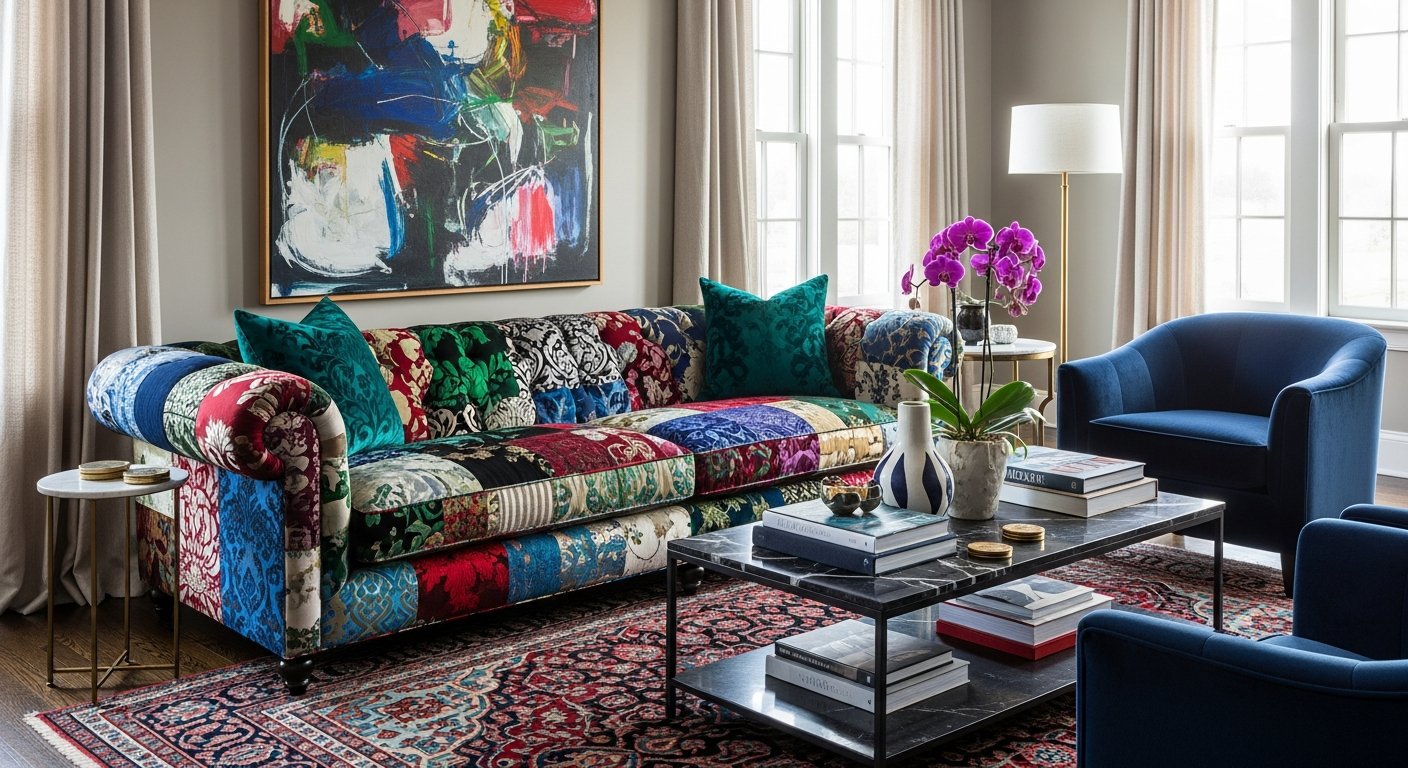 Sofá patchwork personalizado em sala de estar de alto padrão