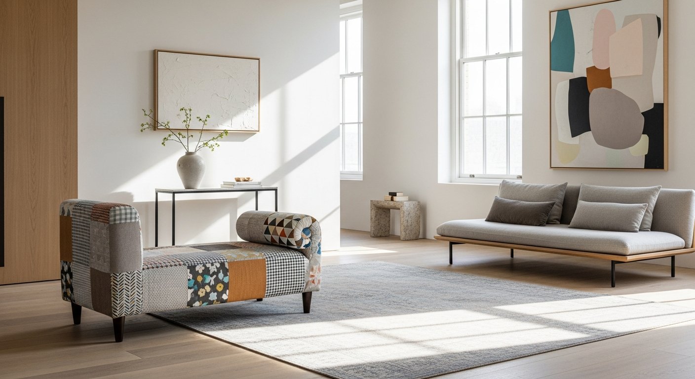 Interior minimalista com peça patchwork como destaque principal