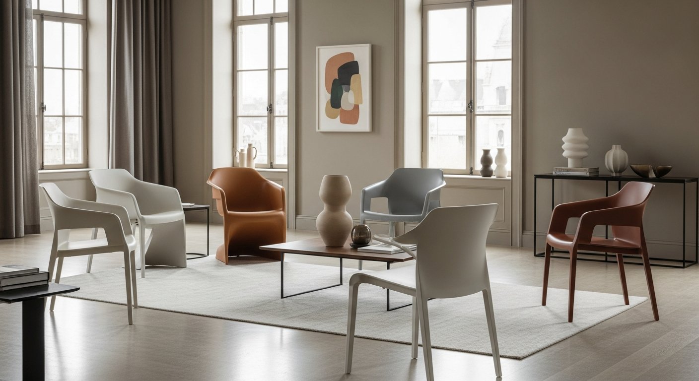 Cadeiras de design em polipropileno e ABS em ambiente contemporâneo