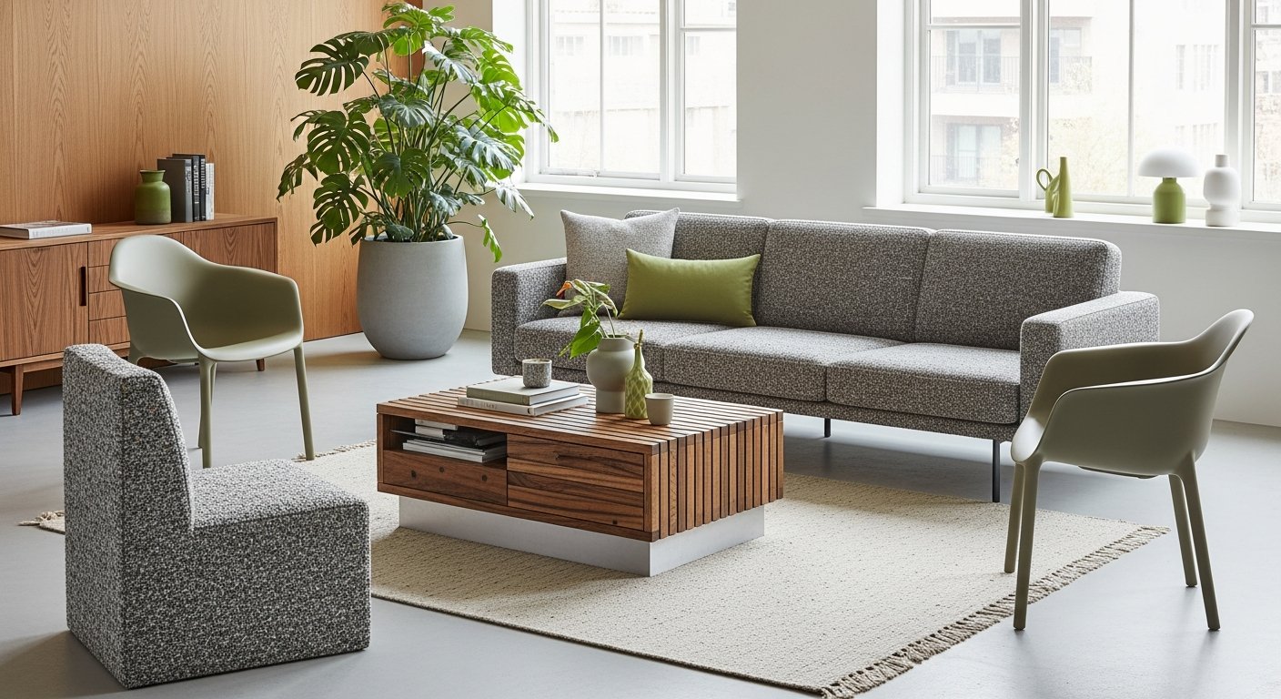 Móveis sustentáveis em materiais recicláveis em ambiente contemporâneo