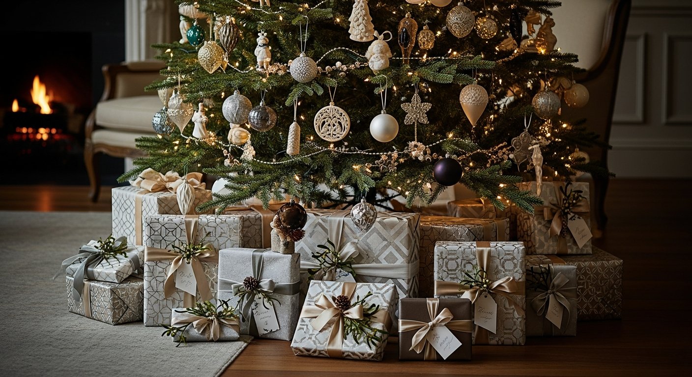 Presentes de design elegantemente embalados sob árvore de Natal sofisticada
