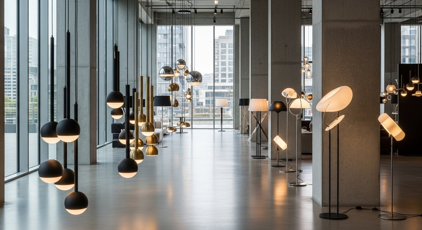 Exposição de luminárias modernas no showroom