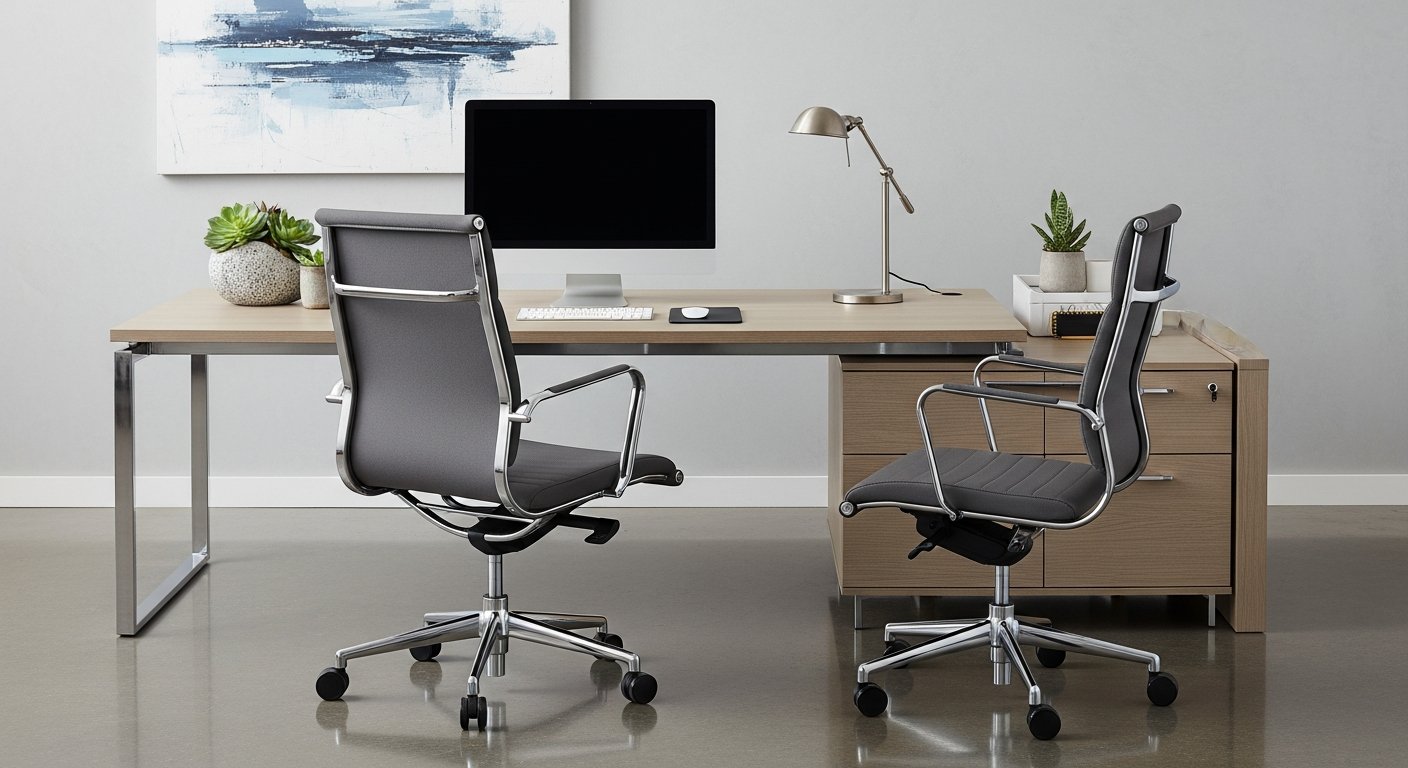 Área office do showroom com móveis corporativos