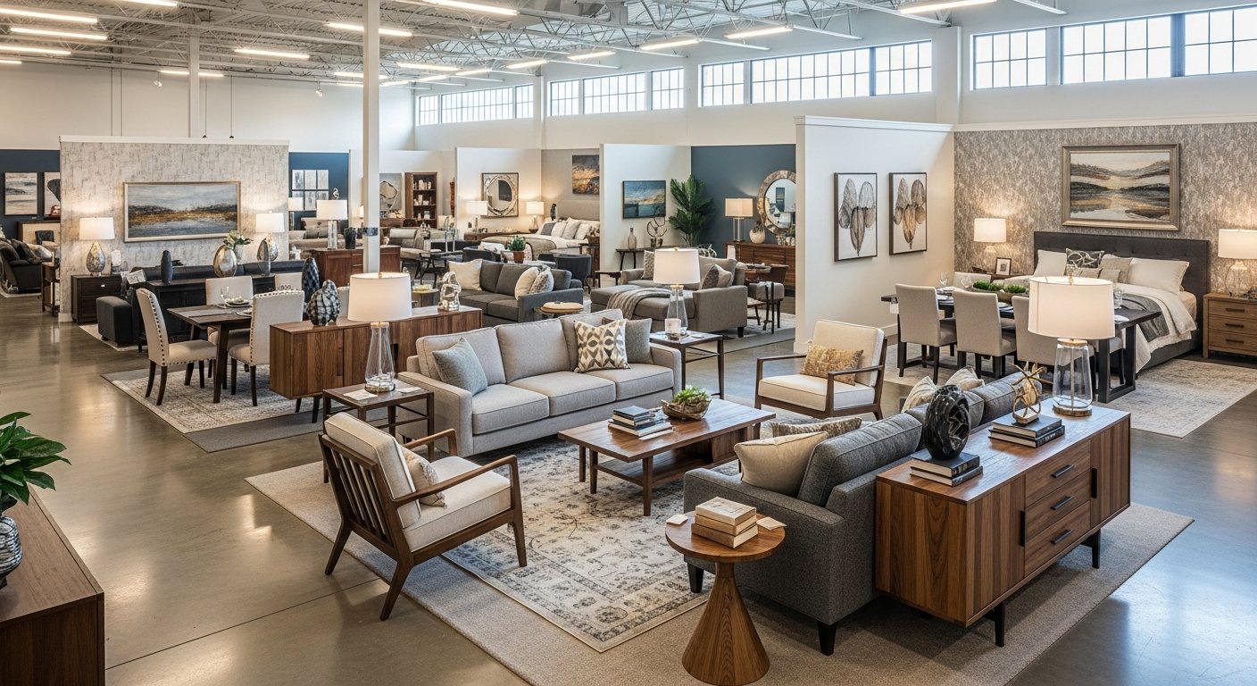 Vista geral do showroom com ambientações completas