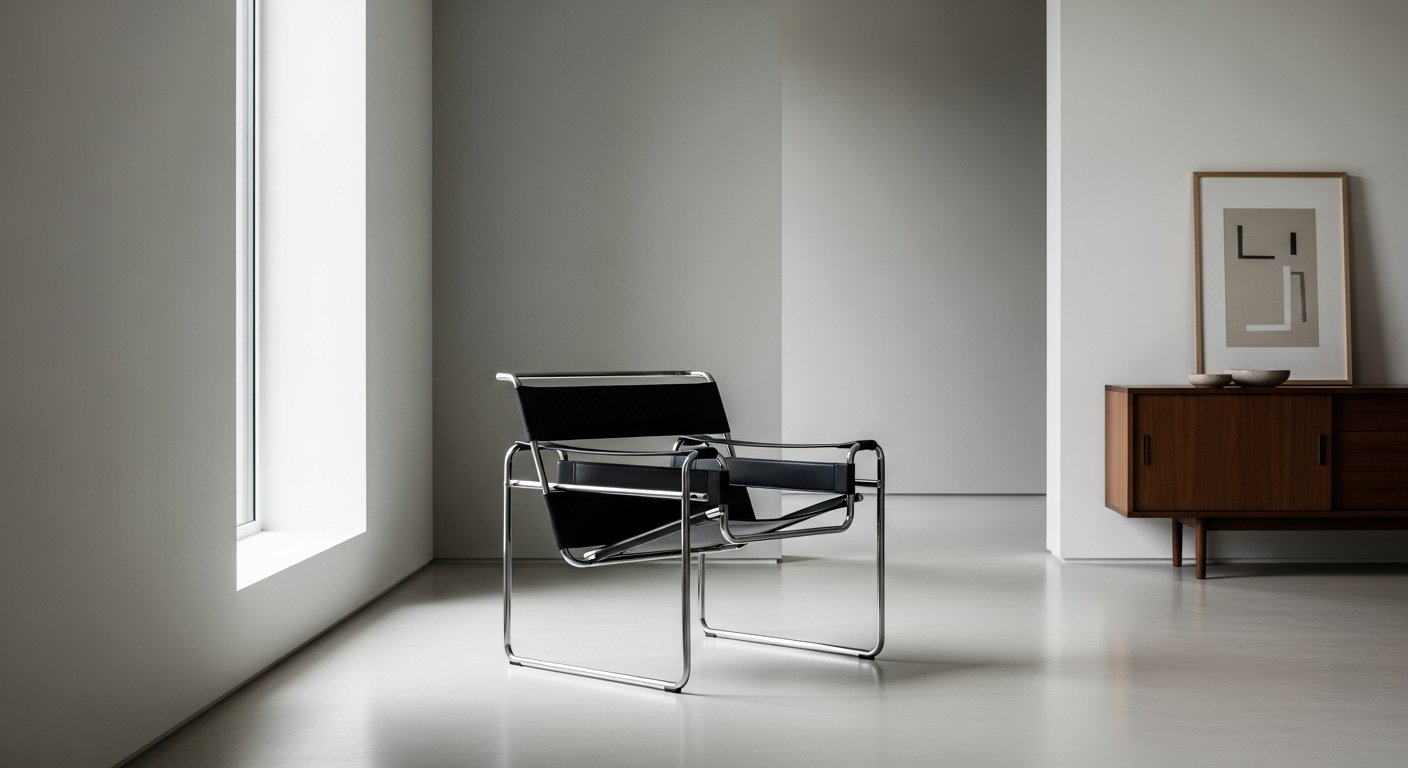 Poltrona Wassily de Marcel Breuer em aço tubular e couro preto