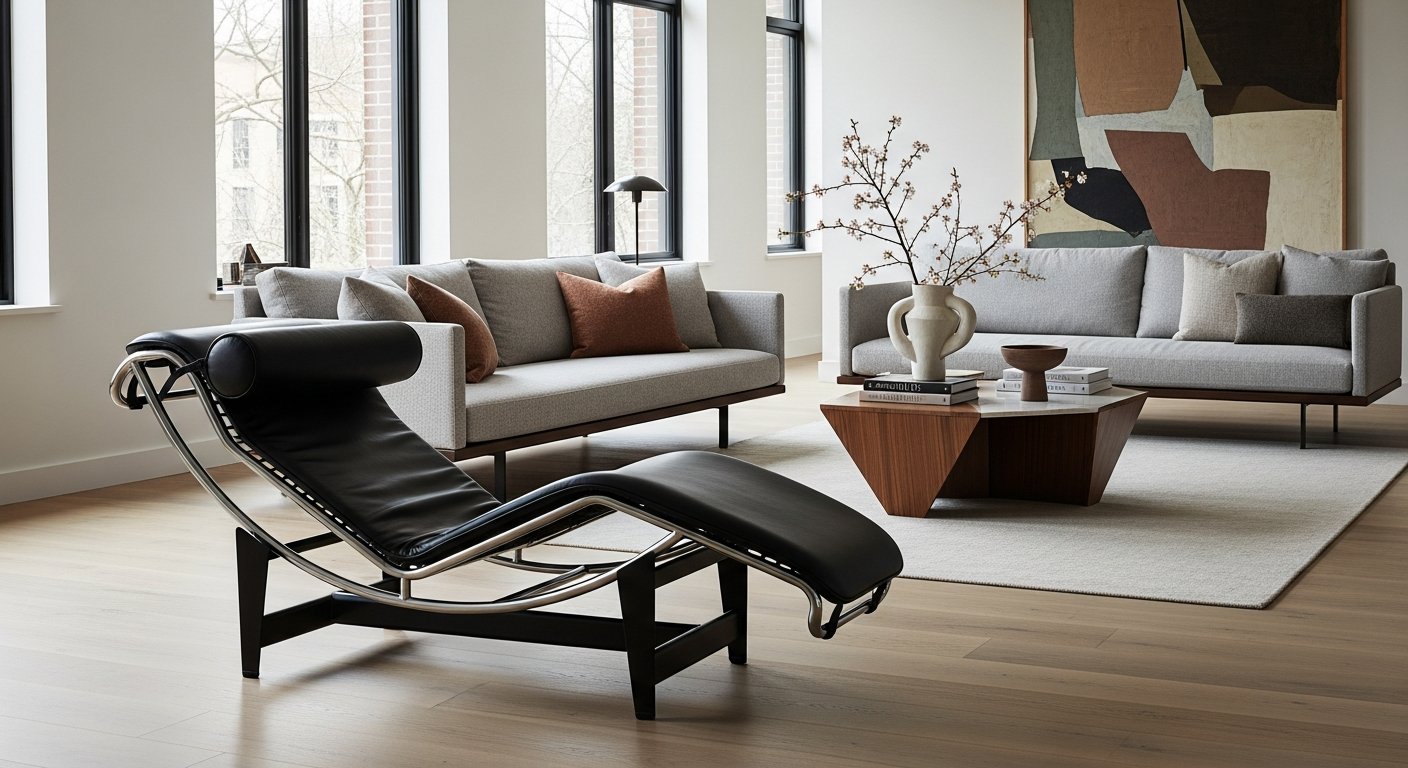 Chaise LC4 de Le Corbusier em couro preto e estrutura cromada