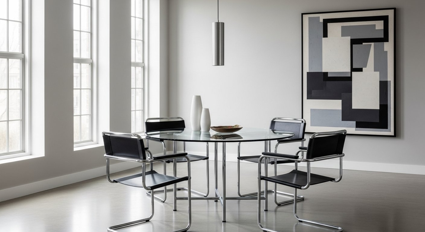 Mesa em aço e vidro com cadeiras modernas inspiradas no design alemão