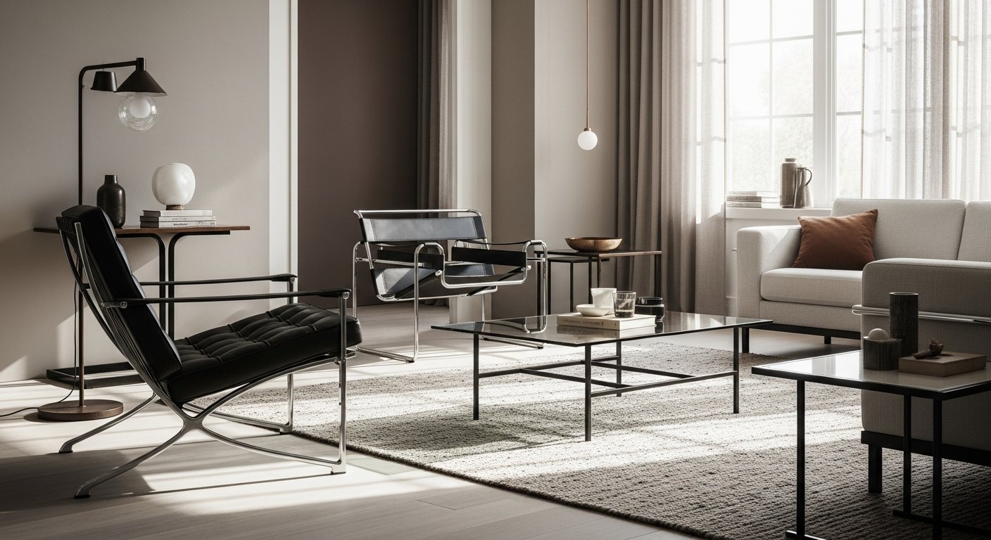 Sala de estar contemporânea com móveis inspirados no design moderno alemão