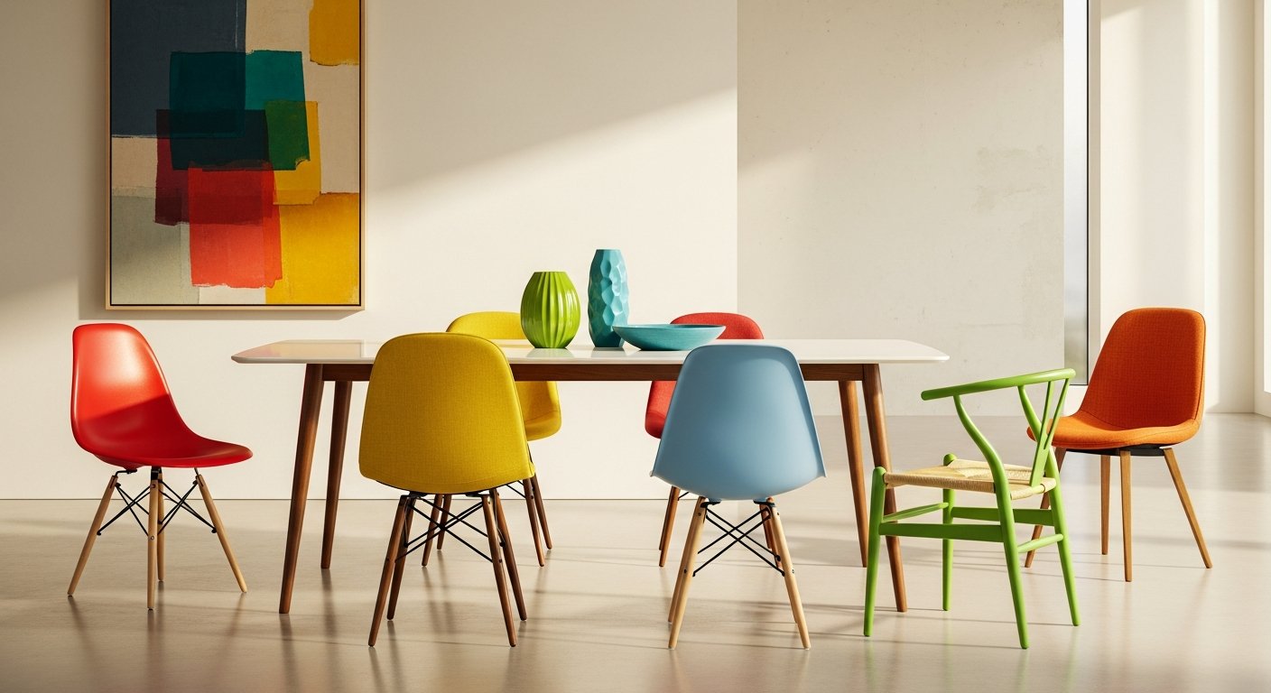 Sala de jantar moderna com cadeiras coloridas ao redor de mesa branca