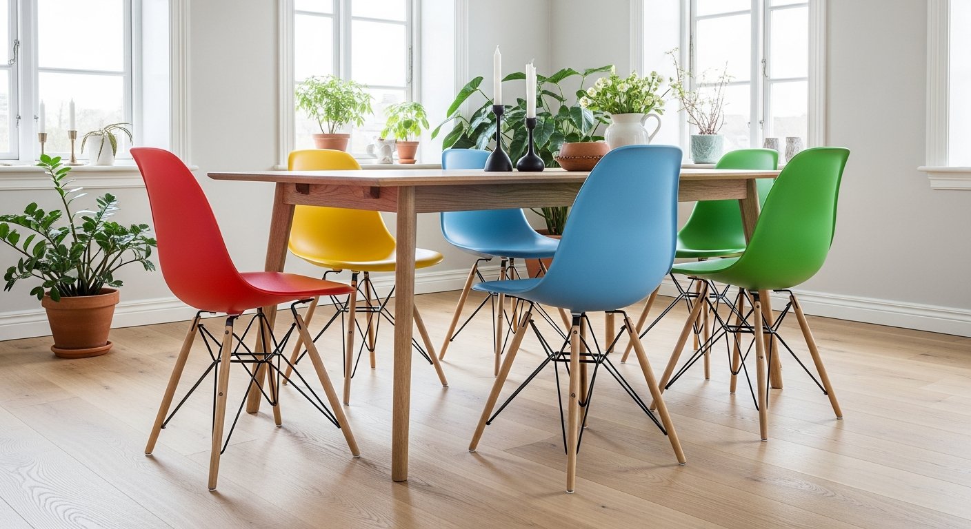 Cadeiras Eames DSW em diferentes cores vibrantes ao redor de mesa de madeira